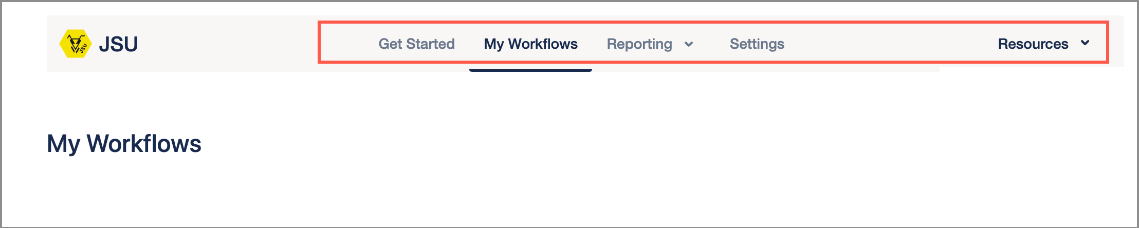JSU Global Navigation highlighted on the My Workflows page