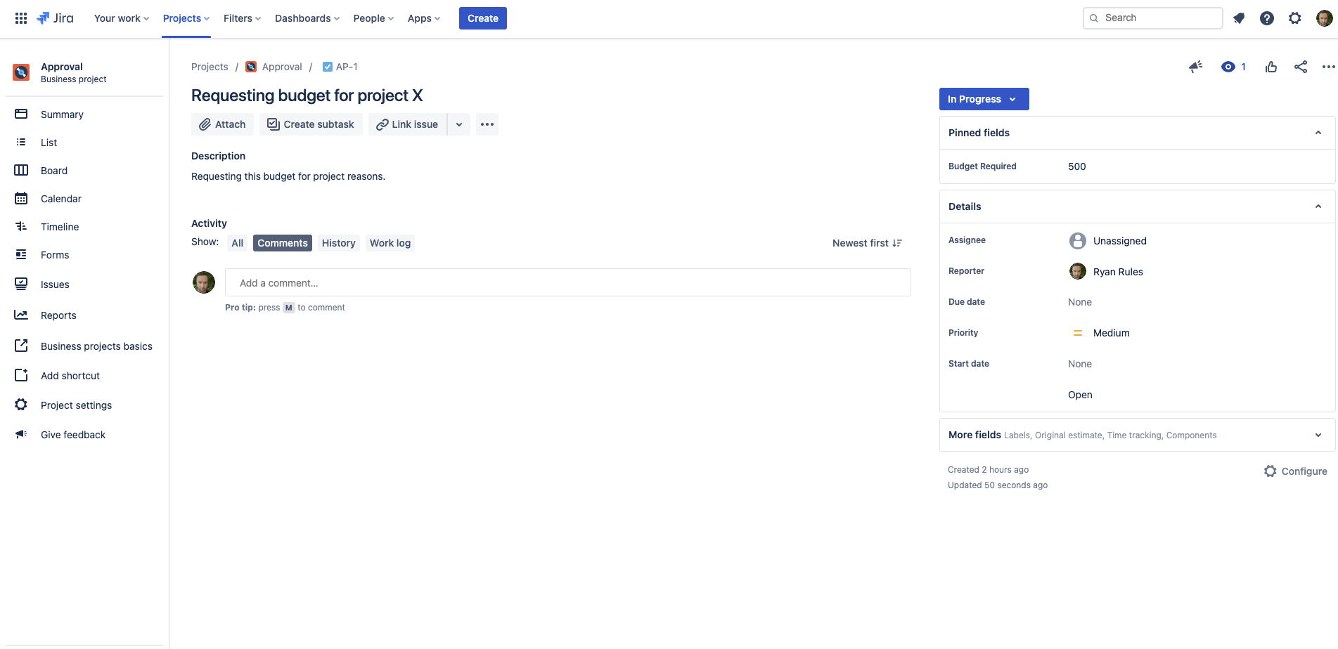 Sample Jira issue with budget required field value of 500