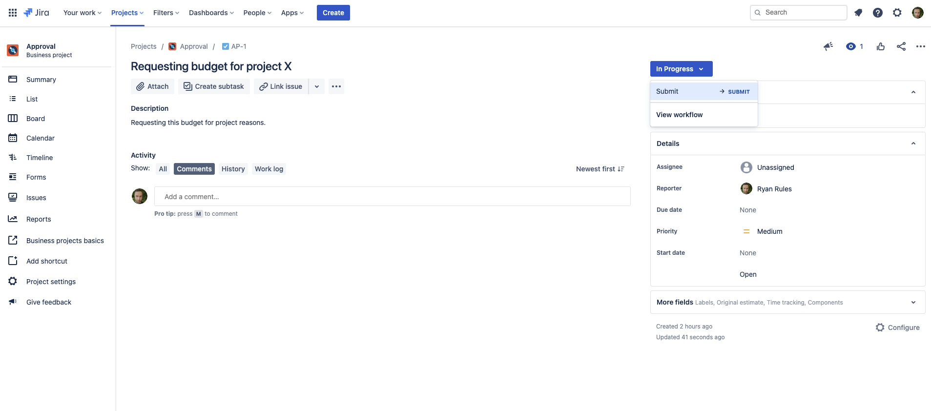 Example Jira issue moved to Submit status