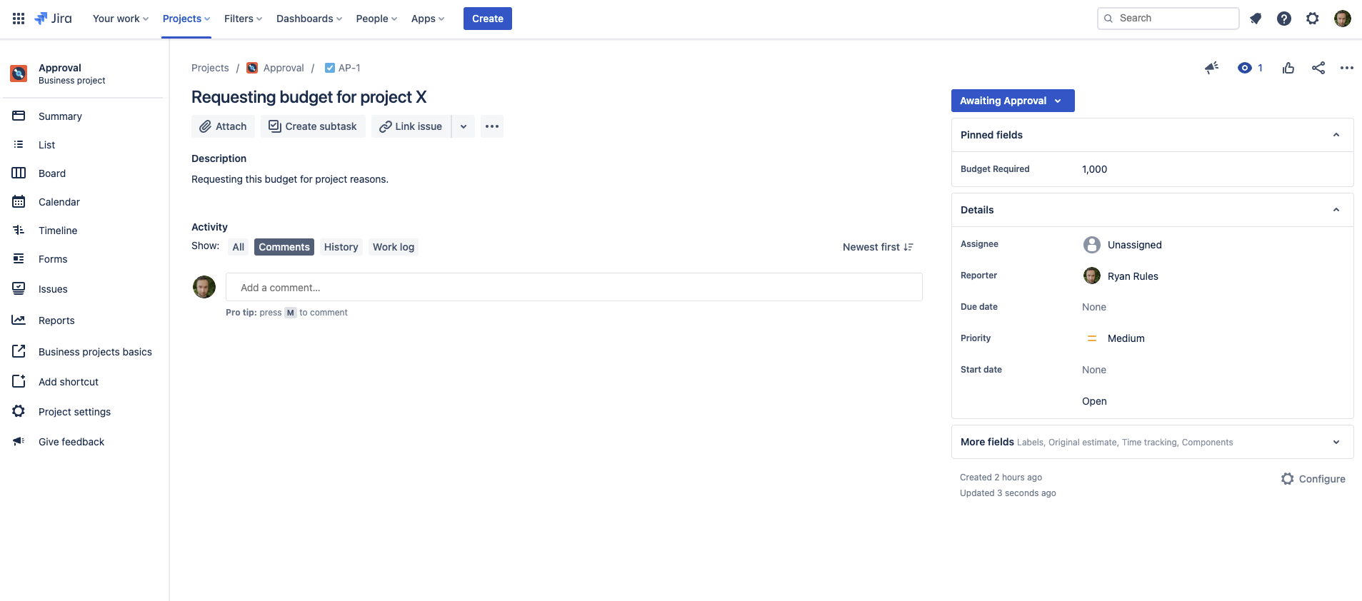 Example Jira issue automatically transitioned to Awaiting Approval status