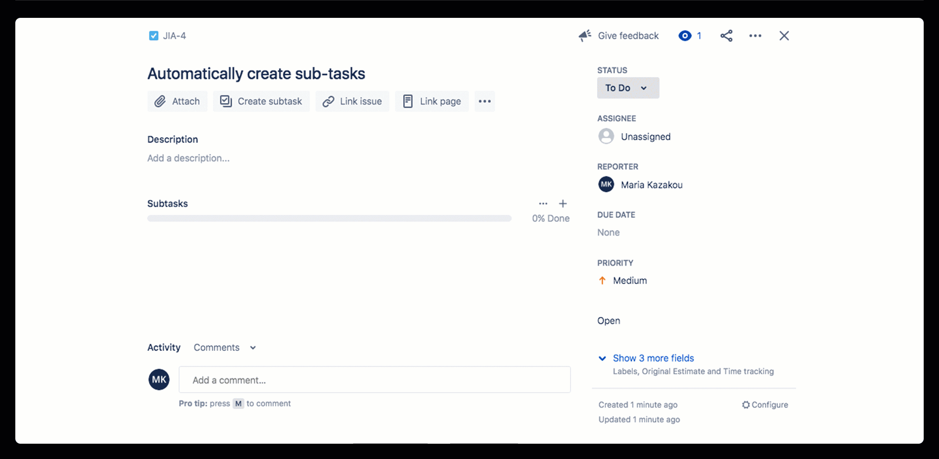 Animation of sub-tasks automatically created in a Jira issue